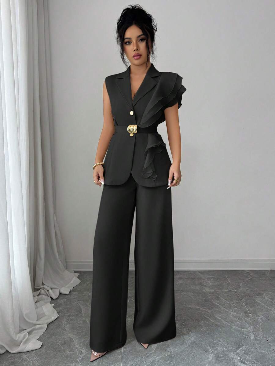 Ženski elegantni letnji luksuzni set -blejzer sa volanim kragnom i vezivanjem u struku uz pantalone
