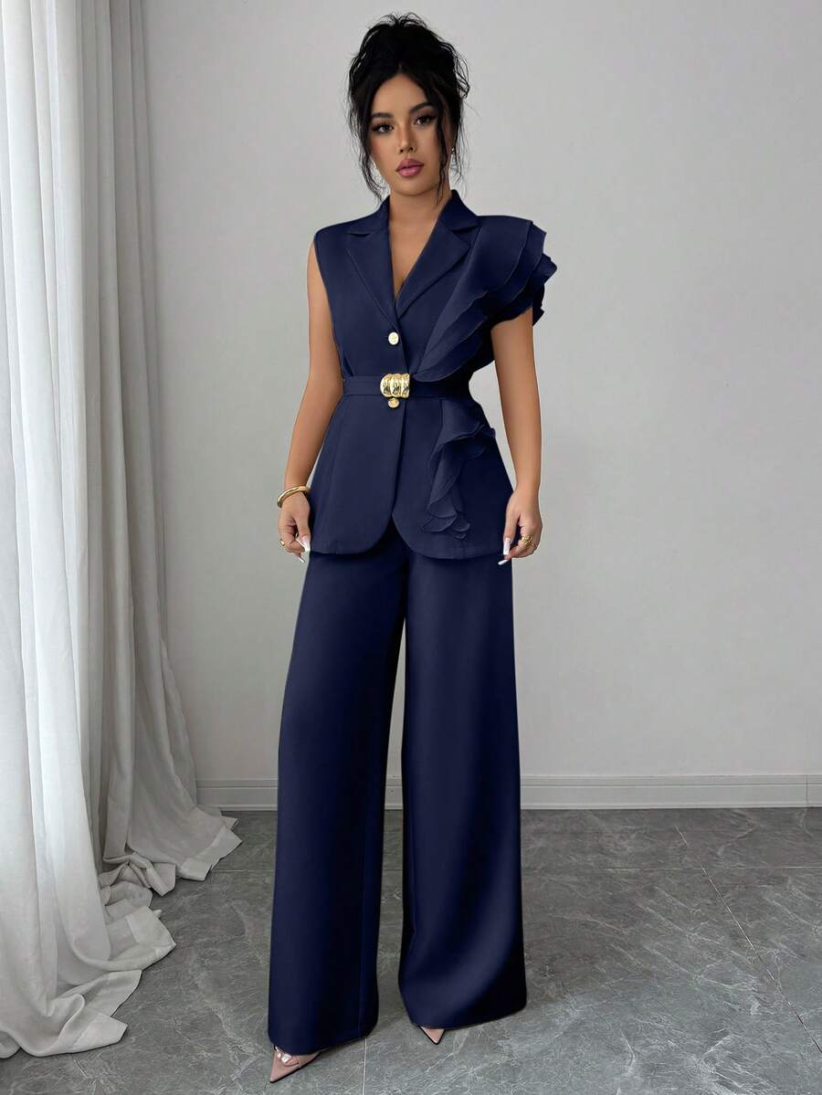 Ženski elegantni letnji luksuzni set -blejzer sa volanim kragnom i vezivanjem u struku uz pantalone
