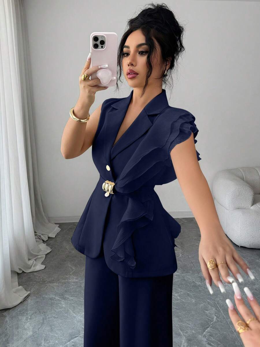 Ženski elegantni letnji luksuzni set -blejzer sa volanim kragnom i vezivanjem u struku uz pantalone