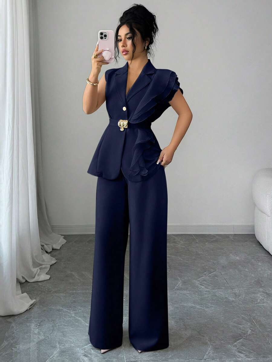 Ženski elegantni letnji luksuzni set -blejzer sa volanim kragnom i vezivanjem u struku uz pantalone