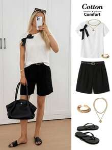 Easowa Women's White Cotton T-Shirt, Chic Shoulder Bow Detail Round Neck Short Sleeve Top