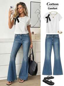 Easowa Women's White Cotton T-Shirt, Chic Shoulder Bow Detail Round Neck Short Sleeve Top
