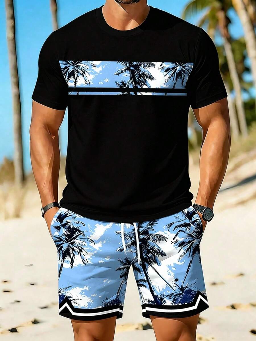 Muški crni letnji set za odmor na plaži sa printom palme