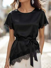 Miaspire Lace Patchwork Satin Asymmetrical Hem Tie Shirt,Women's Elegant Black Summer Night Out Office Tops,Festival Casual Blouse For Party,New Arrival