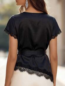 Miaspire Lace Patchwork Satin Asymmetrical Hem Tie Shirt,Women's Elegant Black Summer Night Out Office Tops,Festival Casual Blouse For Party,New Arrival
