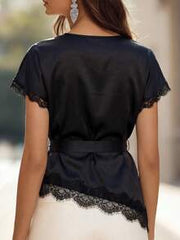 Miaspire Lace Patchwork Satin Asymmetrical Hem Tie Shirt,Women's Elegant Black Summer Night Out Office Tops,Festival Casual Blouse For Party,New Arrival