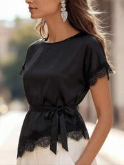 Miaspire Lace Patchwork Satin Asymmetrical Hem Tie Shirt,Women's Elegant Black Summer Night Out Office Tops,Festival Casual Blouse For Party,New Arrival