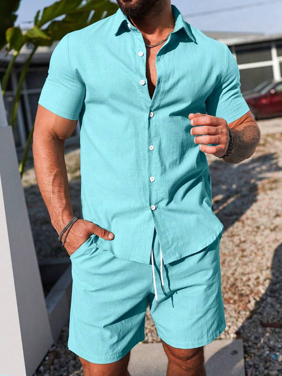 Muški ležerni set košulje kratkih rukava i šorts jednobojne boje, formalni