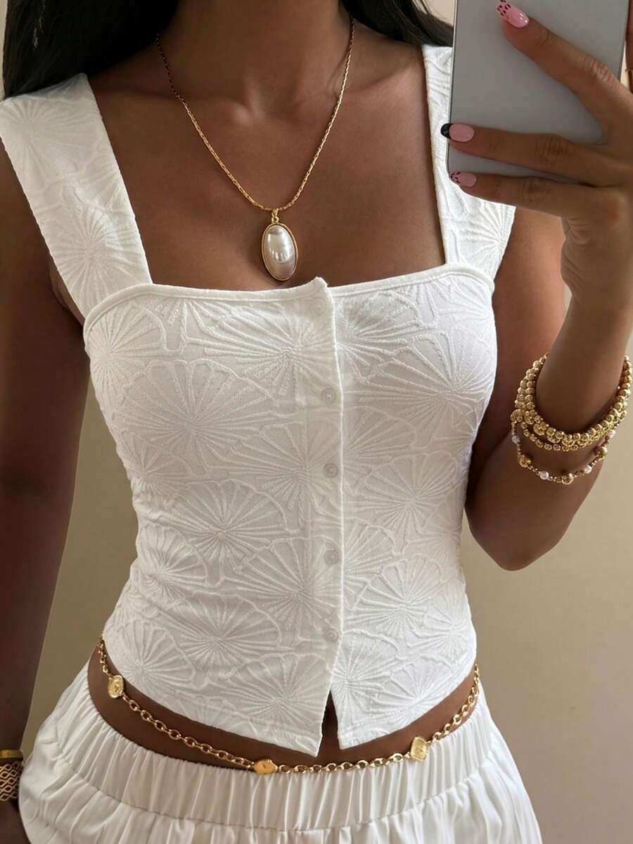 DAZY Women's Summer Vacation Solid Color Jacquard Front Button Fitted Camisole