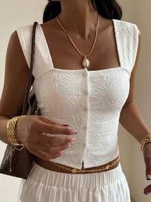 DAZY Women's Summer Vacation Solid Color Jacquard Front Button Fitted Camisole