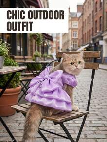 Fashionable High-Gloss Pet Dress With Romantic Puff Sleeves And Big Bow