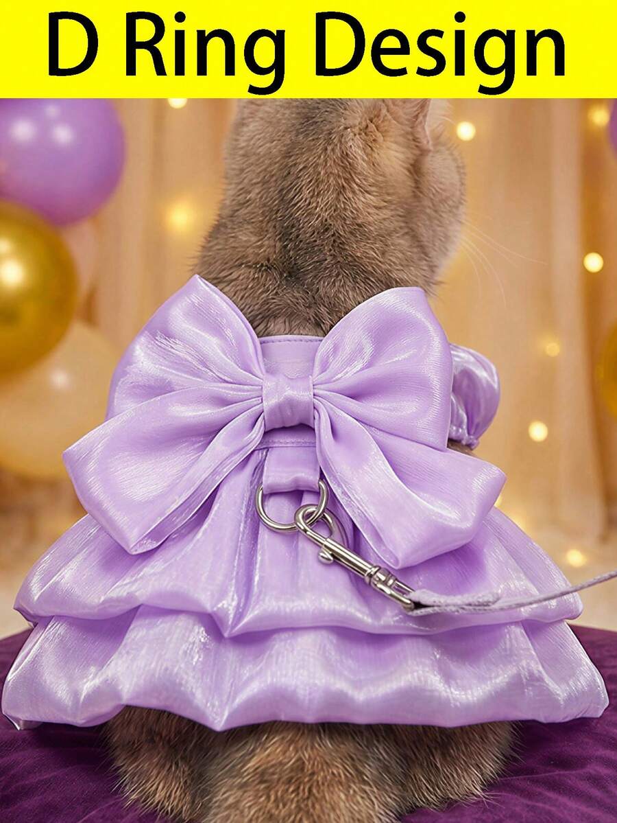 Fashionable High-Gloss Pet Dress With Romantic Puff Sleeves And Big Bow