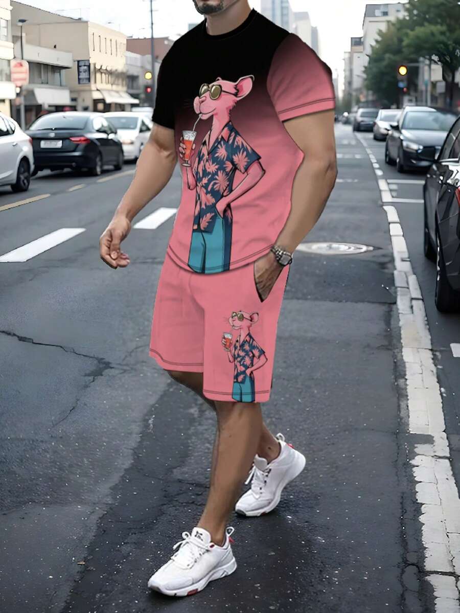 Muški crno-ružičasti ombre set sa printom, kratki rukavi i šorts