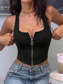 Sexy Fashionable Versatile Solid Color Asymmetric Ruffle Strap Top, Suitable For Parties And Gatherings, New Spring/Summer Casual Black
