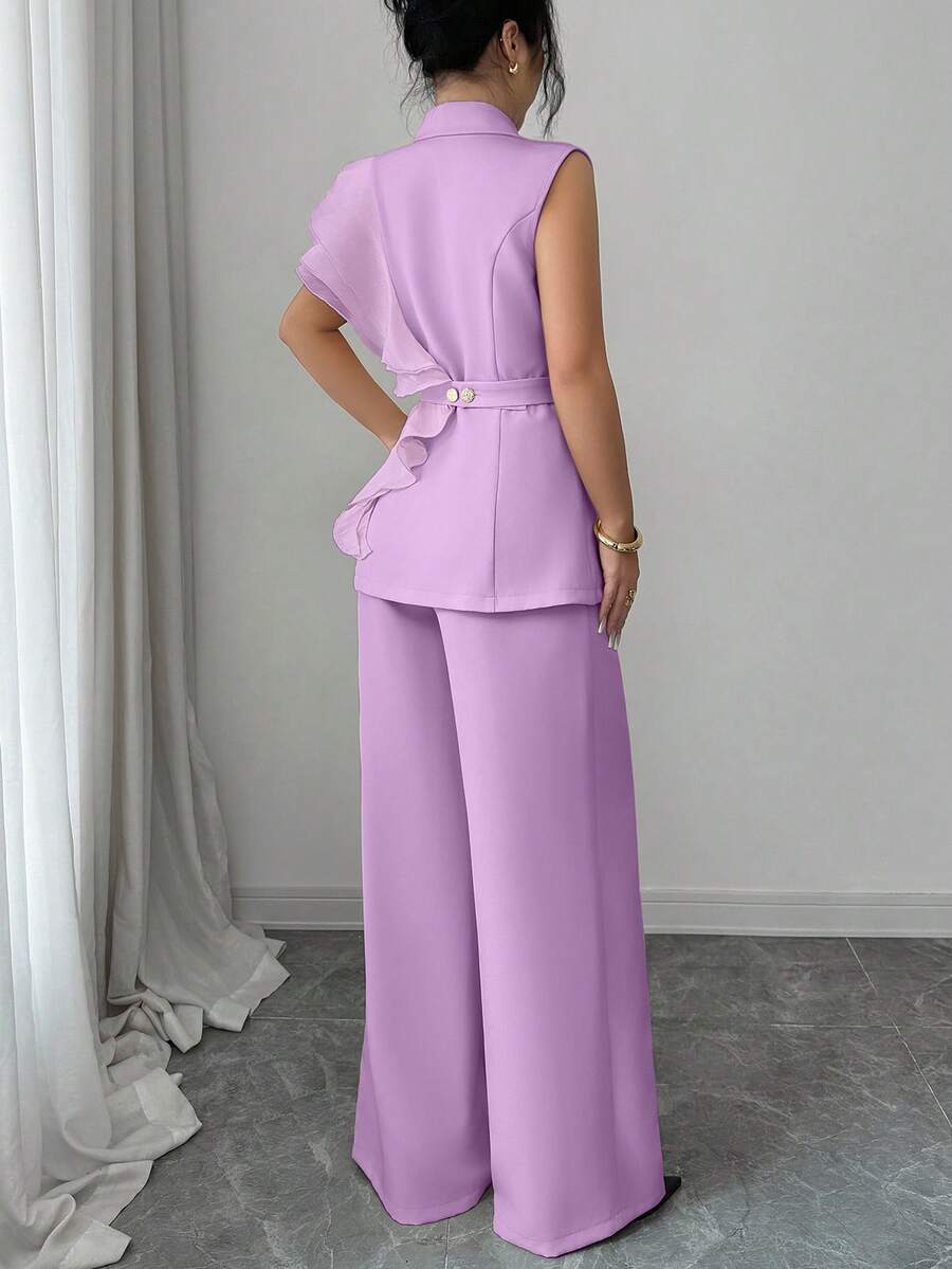 Ženski elegantni letnji luksuzni set -blejzer sa volanim kragnom i vezivanjem u struku uz pantalone