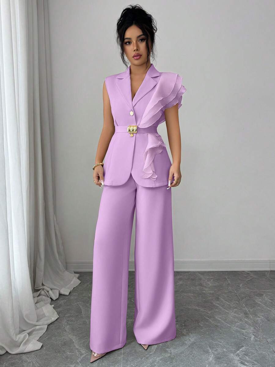 Ženski elegantni letnji luksuzni set -blejzer sa volanim kragnom i vezivanjem u struku uz pantalone