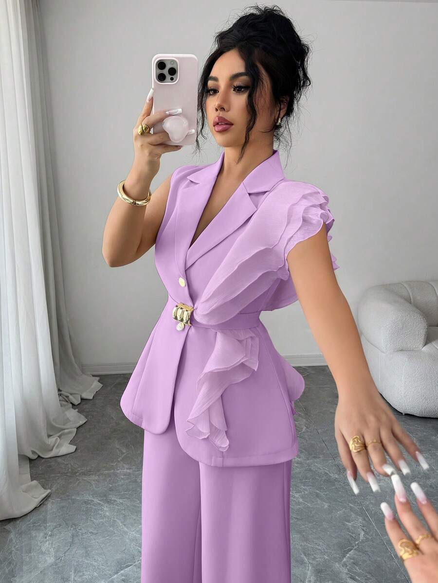 Ženski elegantni letnji luksuzni set -blejzer sa volanim kragnom i vezivanjem u struku uz pantalone