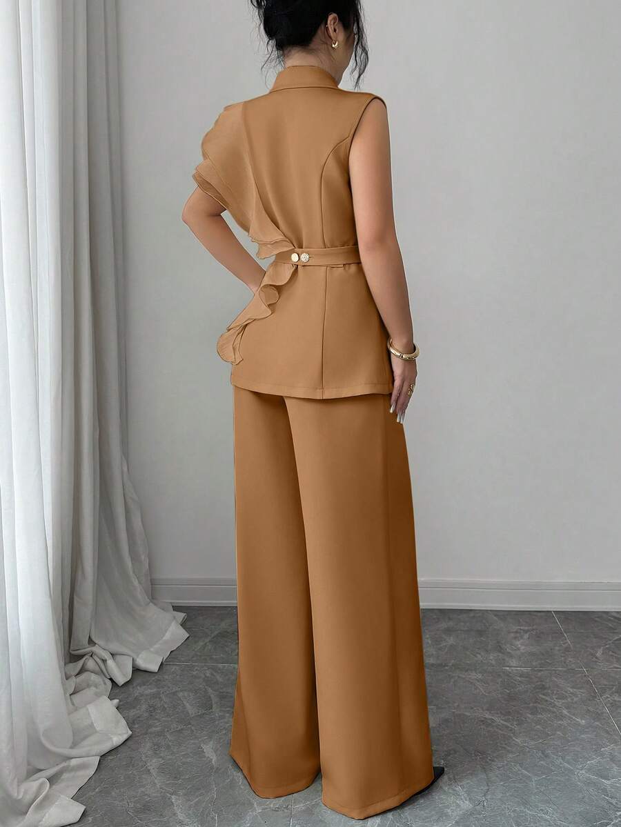 Ženski elegantni letnji luksuzni set -blejzer sa volanim kragnom i vezivanjem u struku uz pantalone