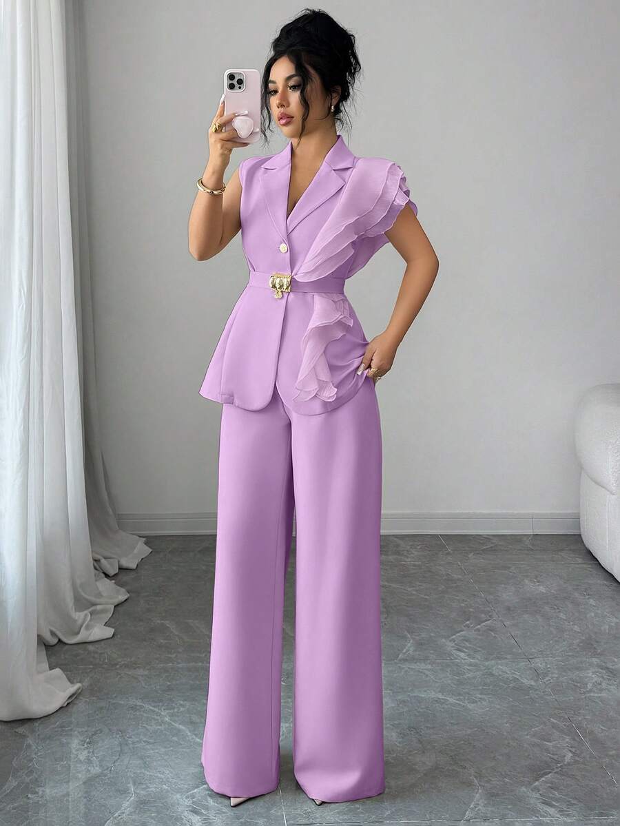 Ženski elegantni letnji luksuzni set -blejzer sa volanim kragnom i vezivanjem u struku uz pantalone
