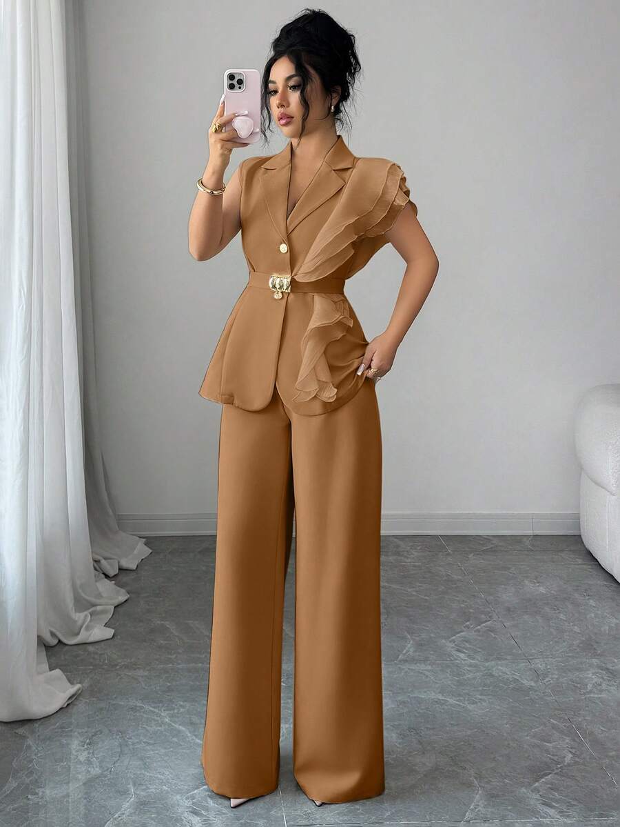 Ženski elegantni letnji luksuzni set -blejzer sa volanim kragnom i vezivanjem u struku uz pantalone