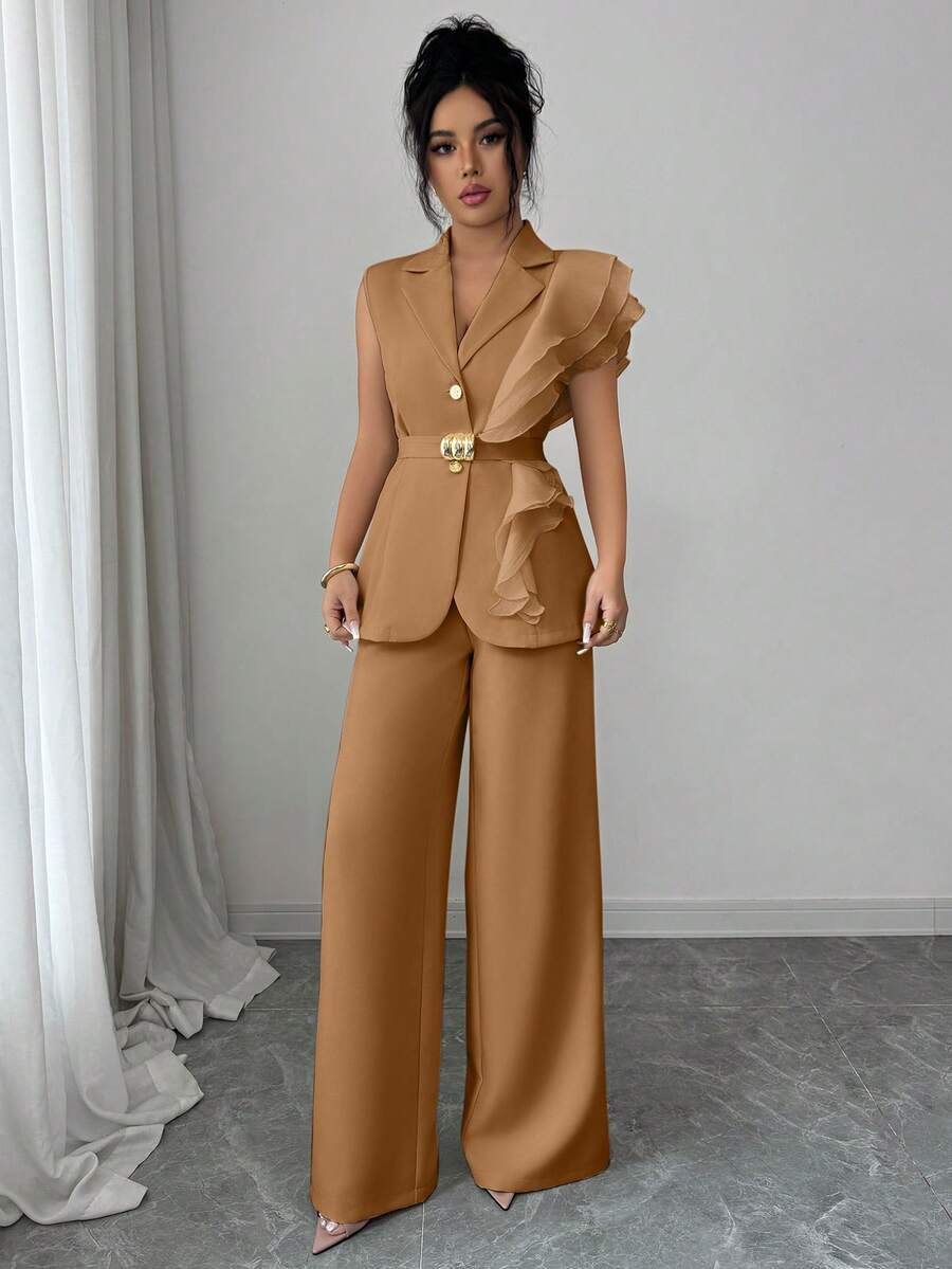 Ženski elegantni letnji luksuzni set -blejzer sa volanim kragnom i vezivanjem u struku uz pantalone