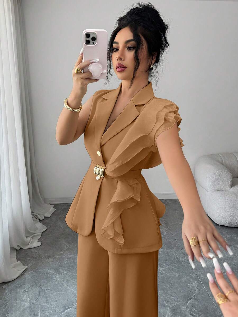 Ženski elegantni letnji luksuzni set -blejzer sa volanim kragnom i vezivanjem u struku uz pantalone