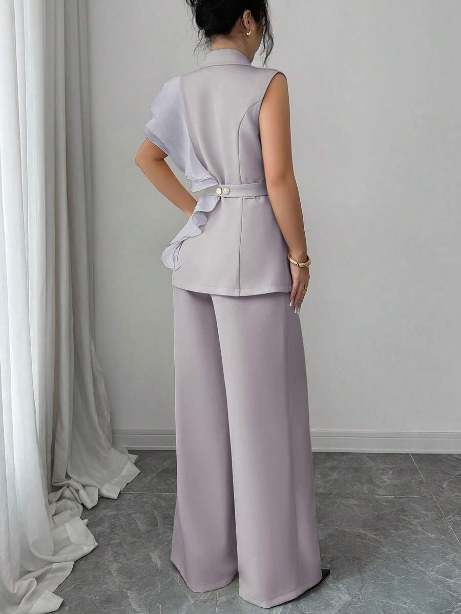 Ženski elegantni letnji luksuzni set -blejzer sa volanim kragnom i vezivanjem u struku uz pantalone