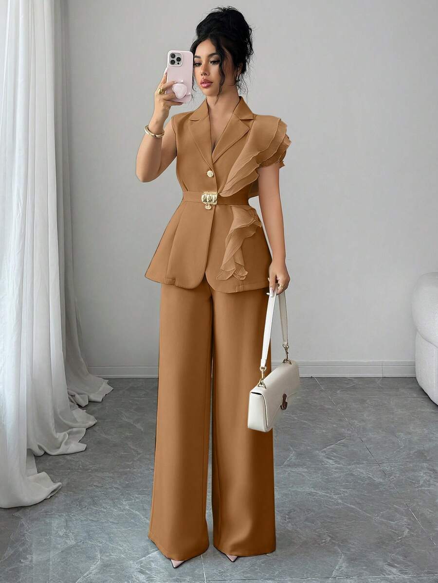 Ženski elegantni letnji luksuzni set -blejzer sa volanim kragnom i vezivanjem u struku uz pantalone