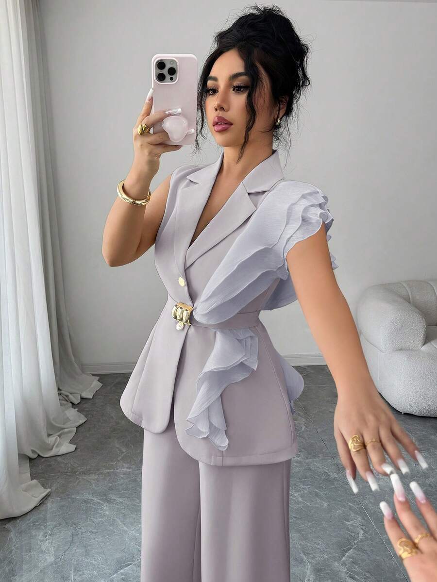 Ženski elegantni letnji luksuzni set -blejzer sa volanim kragnom i vezivanjem u struku uz pantalone