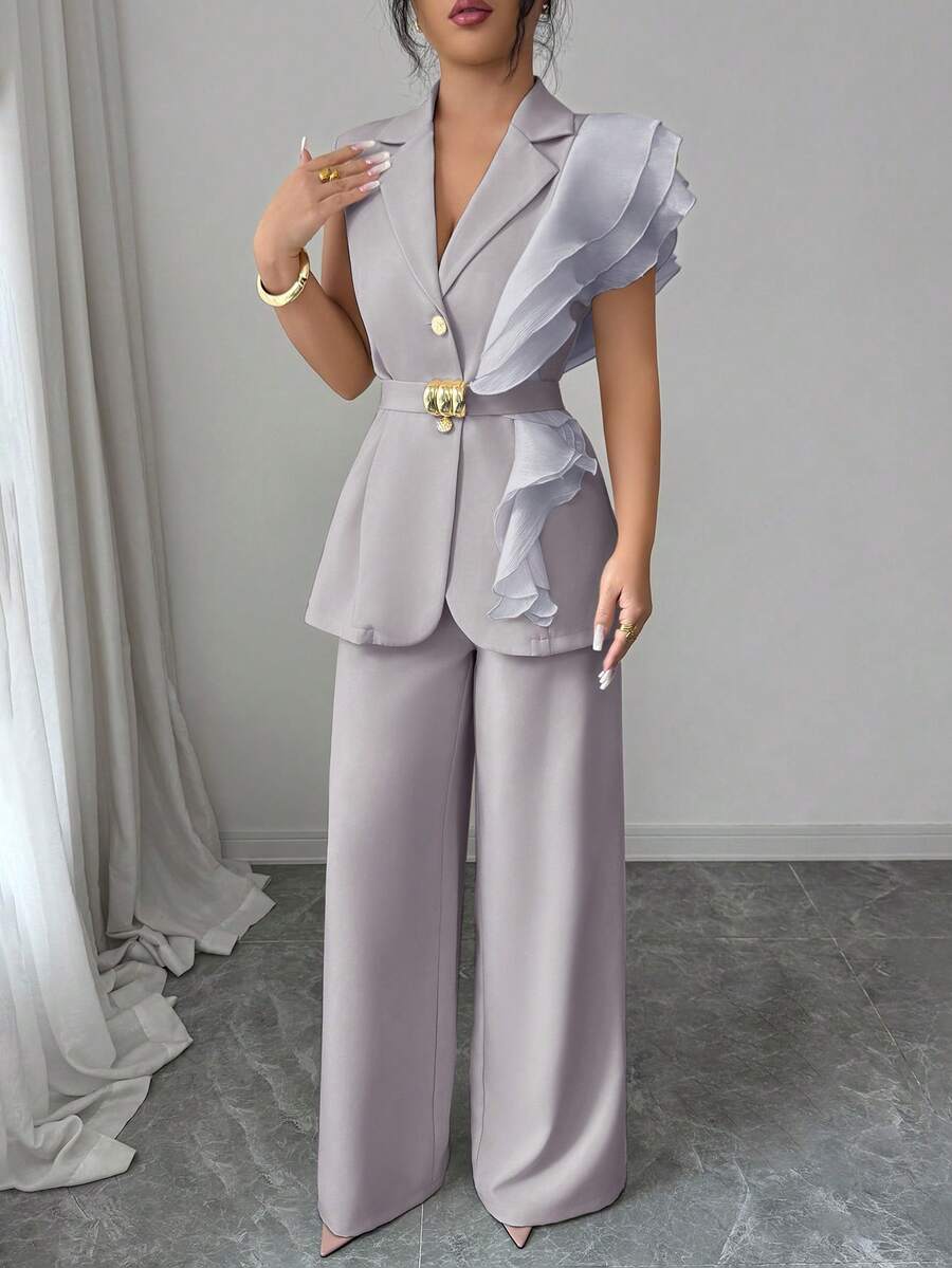 Ženski elegantni letnji luksuzni set -blejzer sa volanim kragnom i vezivanjem u struku uz pantalone