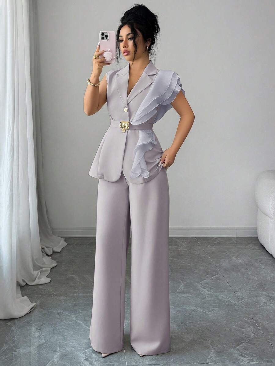 Ženski elegantni letnji luksuzni set -blejzer sa volanim kragnom i vezivanjem u struku uz pantalone