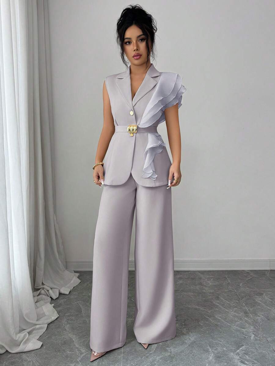 Ženski elegantni letnji luksuzni set -blejzer sa volanim kragnom i vezivanjem u struku uz pantalone