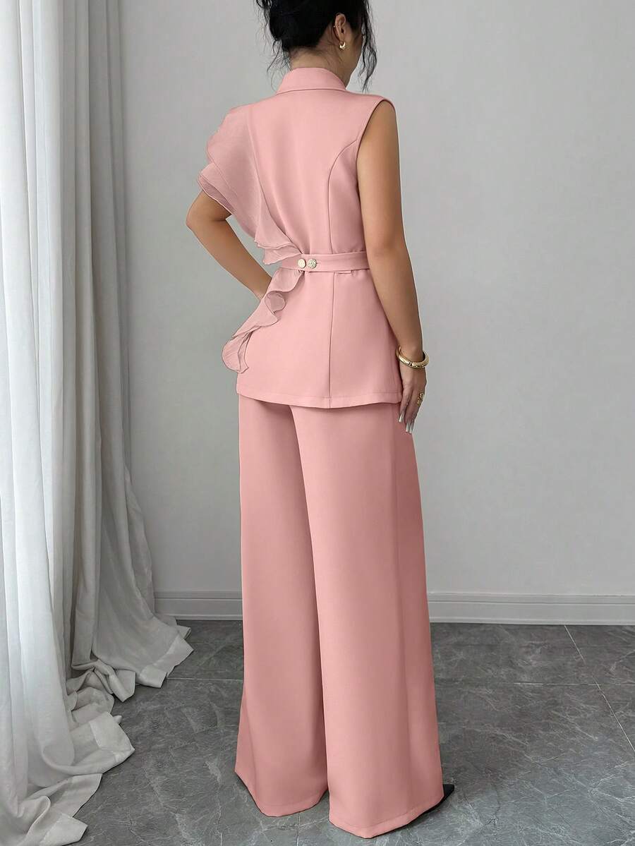Ženski elegantni letnji luksuzni set -blejzer sa volanim kragnom i vezivanjem u struku uz pantalone