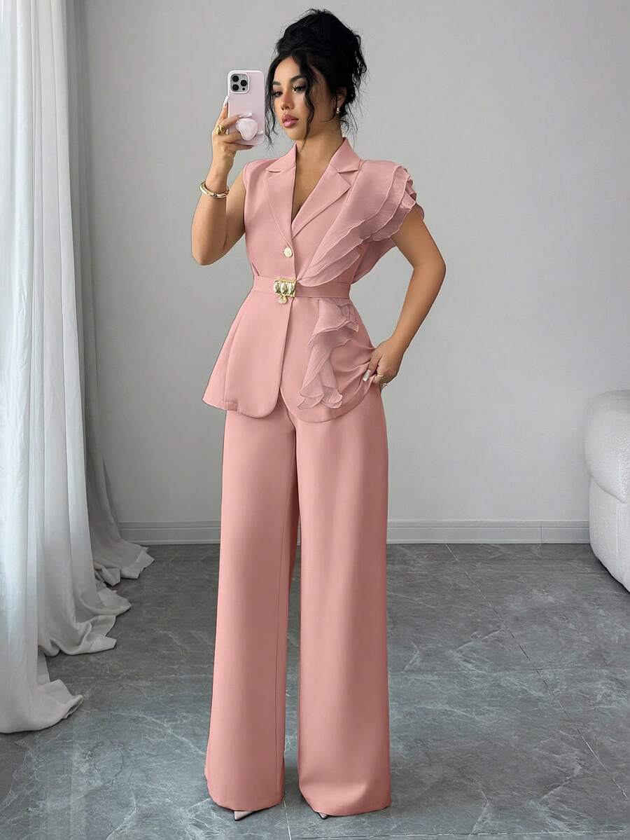 Ženski elegantni letnji luksuzni set -blejzer sa volanim kragnom i vezivanjem u struku uz pantalone