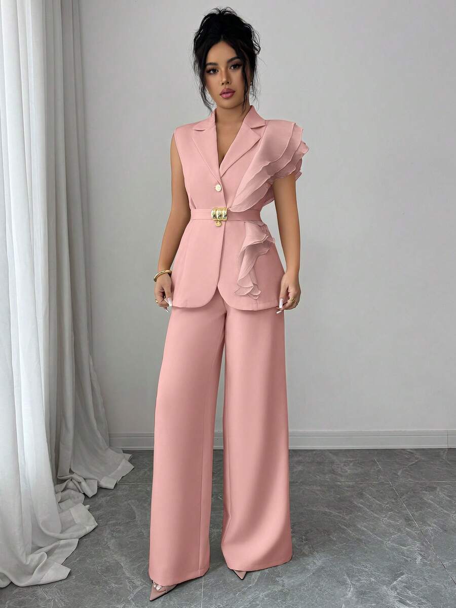 Ženski elegantni letnji luksuzni set -blejzer sa volanim kragnom i vezivanjem u struku uz pantalone