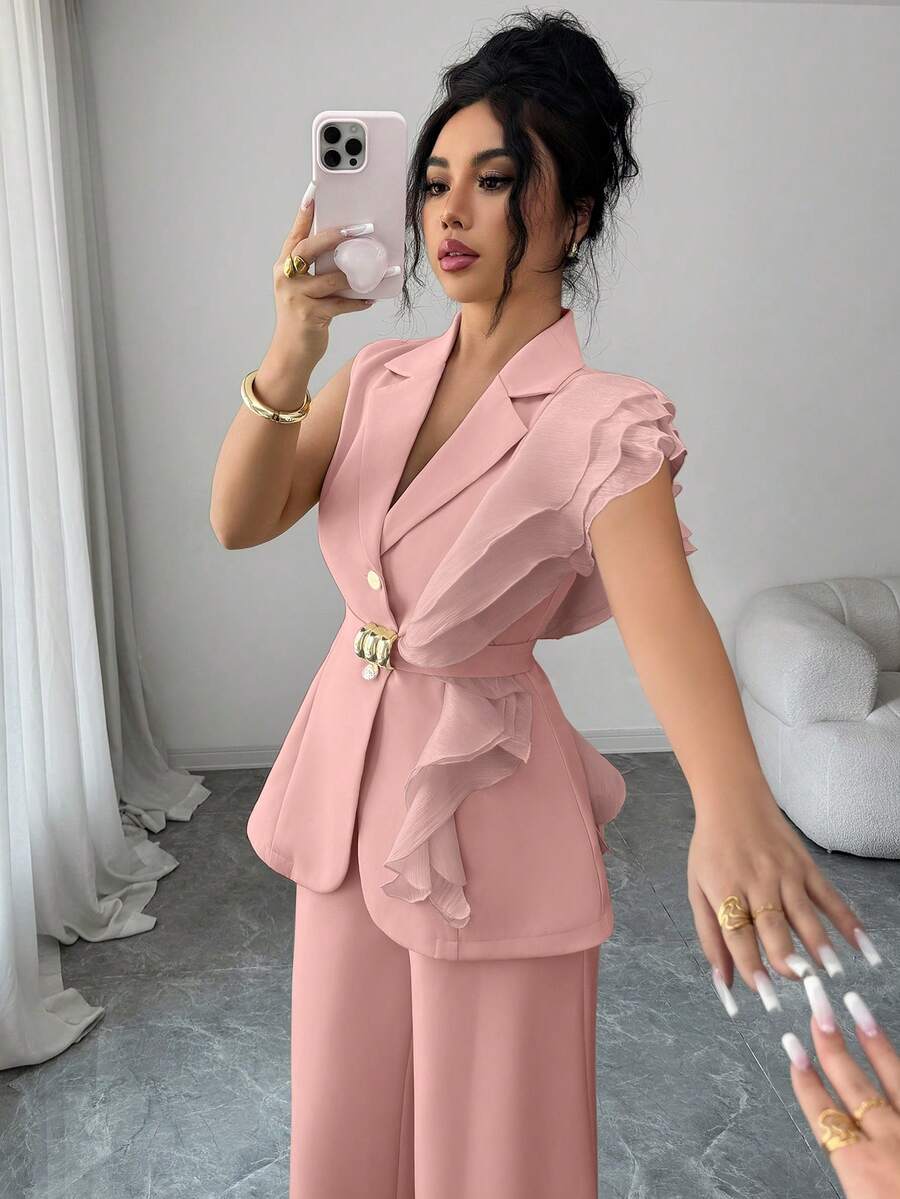 Ženski elegantni letnji luksuzni set -blejzer sa volanim kragnom i vezivanjem u struku uz pantalone