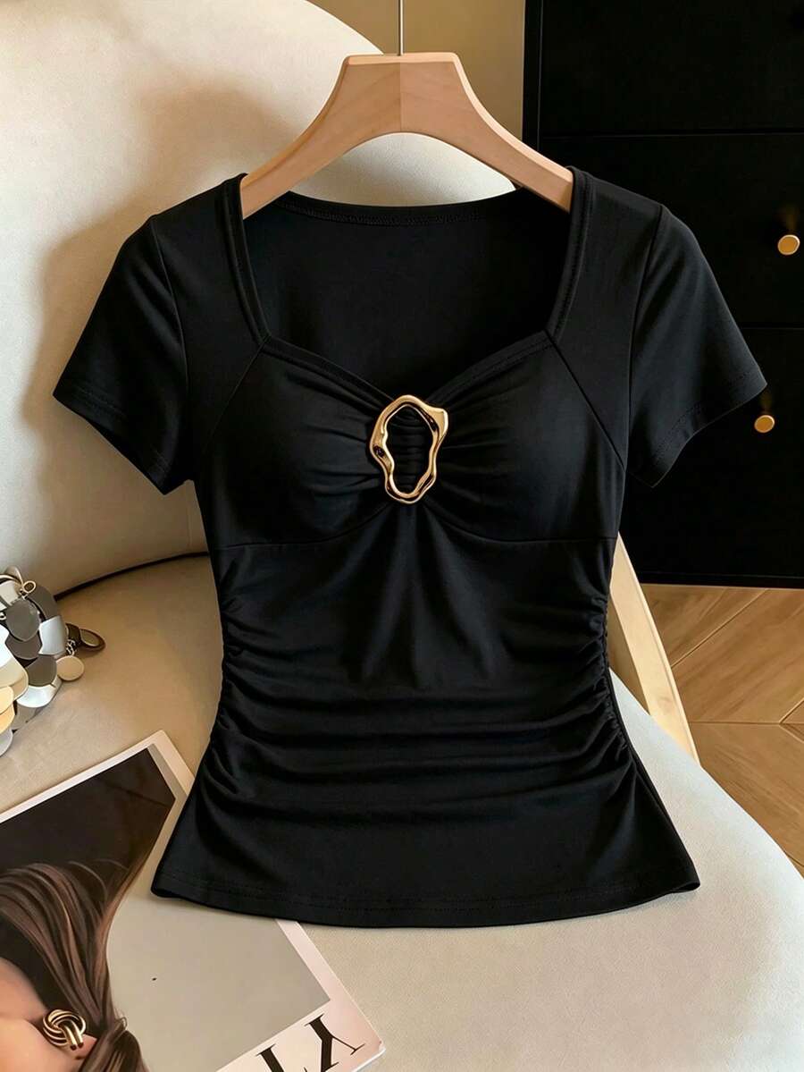 Franclia Women's Spring/Summer New Apricot Cinched Waist Raglan Sleeve Wide Collar Metal Buckle Decor Casual Commute Vacation Date Top Tee