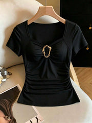 Franclia Women's Spring/Summer New Apricot Cinched Waist Raglan Sleeve Wide Collar Metal Buckle Decor Casual Commute Vacation Date Top Tee