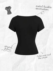 Franclia Women's Spring/Summer New Apricot Cinched Waist Raglan Sleeve Wide Collar Metal Buckle Decor Casual Commute Vacation Date Top Tee