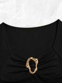 Franclia Women's Spring/Summer New Apricot Cinched Waist Raglan Sleeve Wide Collar Metal Buckle Decor Casual Commute Vacation Date Top Tee