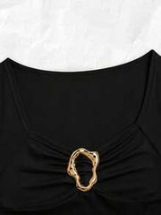 Franclia Women's Spring/Summer New Apricot Cinched Waist Raglan Sleeve Wide Collar Metal Buckle Decor Casual Commute Vacation Date Top Tee