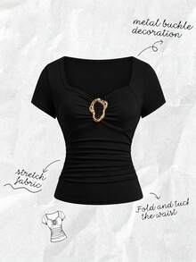 Franclia Women's Spring/Summer New Apricot Cinched Waist Raglan Sleeve Wide Collar Metal Buckle Decor Casual Commute Vacation Date Top Tee