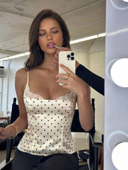 Aloruh Women's Sexy Black Lace Trim Collar Black & White Polka Dot Pattern Bodycon Camisole,Summer Top