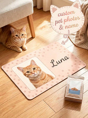 1pc Custom Cat Photo & Name Pet Feeding Mat, Personalized Pink Paw Print Food Mat