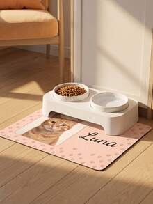 1pc Custom Cat Photo & Name Pet Feeding Mat, Personalized Pink Paw Print Food Mat