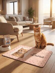 1pc Custom Cat Photo & Name Pet Feeding Mat, Personalized Pink Paw Print Food Mat