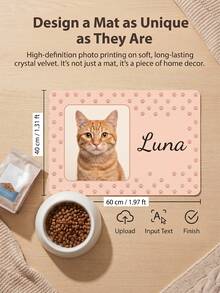 1pc Custom Cat Photo & Name Pet Feeding Mat, Personalized Pink Paw Print Food Mat