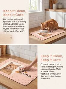 1pc Custom Cat Photo & Name Pet Feeding Mat, Personalized Pink Paw Print Food Mat