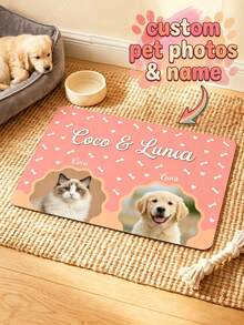 1pc Custom Cat Photo & Name Pet Feeding Mat, Personalized Pink Paw Print Food Mat