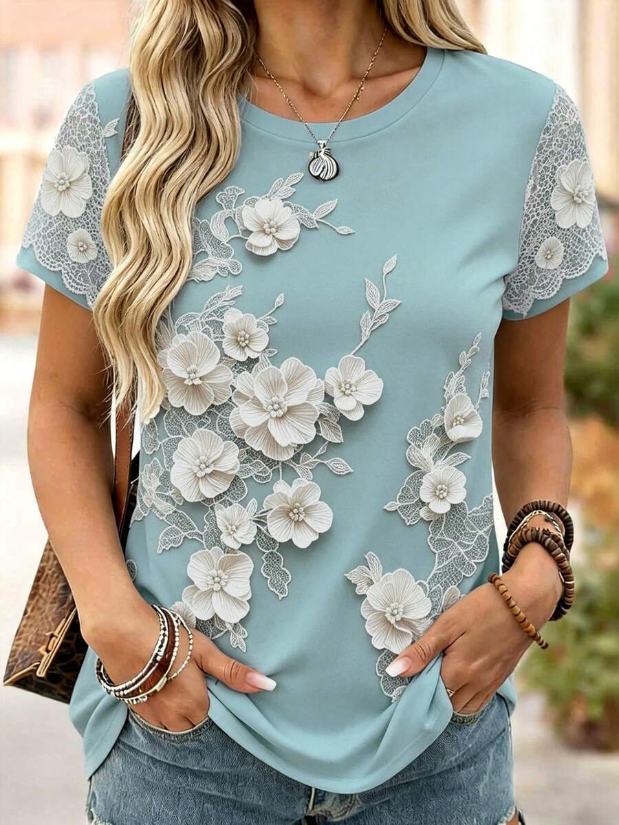 Ženska majica sa čipkastim printom – Udoban Casual Stil